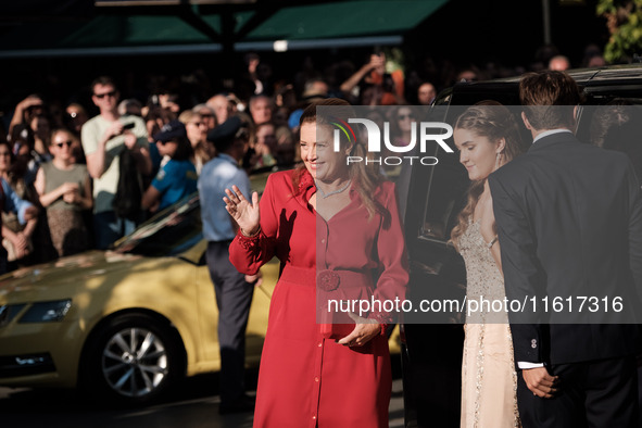 Alexia of Greece arrives for the wedding of Princess Theodora Glucksburg of Greece and Matthew Jeremiah Kumar at the Metropolitan Cathedral...