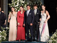 Alexia of Greece and Carlos Morales with their children, Ana Maria, Amalia, and Carlos arrive for the wedding of Princess Theodora Glucksbur...