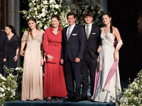 Alexia of Greece and Carlos Morales with their children, Ana Maria, Amalia, and Carlos arrive for the wedding of Princess Theodora Glucksbur...