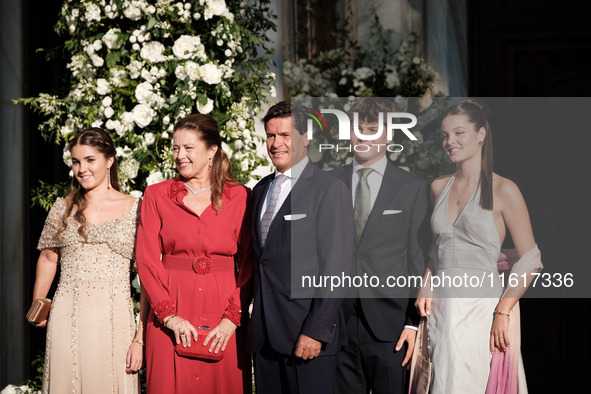 Alexia of Greece and Carlos Morales with their children, Ana Maria, Amalia, and Carlos arrive for the wedding of Princess Theodora Glucksbur...