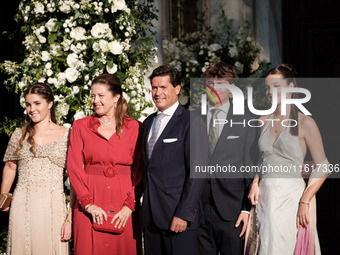 Alexia of Greece and Carlos Morales with their children, Ana Maria, Amalia, and Carlos arrive for the wedding of Princess Theodora Glucksbur...