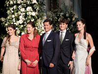 Alexia of Greece and Carlos Morales with their children, Ana Maria, Amalia, and Carlos arrive for the wedding of Princess Theodora Glucksbur...