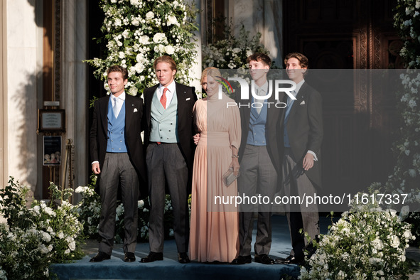 Marie-Chantal Claire Miller arrives for the wedding of Princess Theodora Glucksburg of Greece and Matthew Jeremiah Kumar at the Metropolitan...