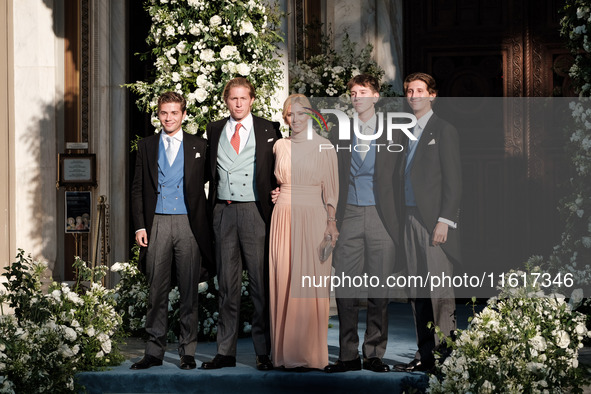 Marie-Chantal Claire Miller arrives for the wedding of Princess Theodora Glucksburg of Greece and Matthew Jeremiah Kumar at the Metropolitan...