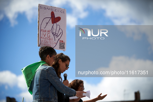 Women hold a placard reading 'For a Safe Abortion Everywhere in Europe'. On International Safe Abortion Day, hundreds of women and men take...