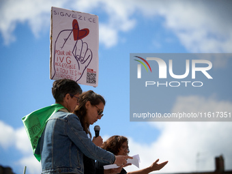 Women hold a placard reading 'For a Safe Abortion Everywhere in Europe'. On International Safe Abortion Day, hundreds of women and men take...