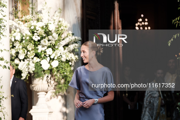 Olympia of Greece, bridesmaid, arrives for the wedding of Princess Theodora Glucksburg of Greece and Matthew Jeremiah Kumar at the Metropoli...