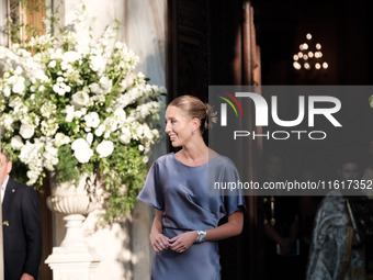 Olympia of Greece, bridesmaid, arrives for the wedding of Princess Theodora Glucksburg of Greece and Matthew Jeremiah Kumar at the Metropoli...