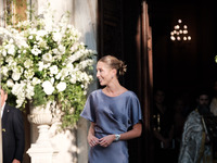 Olympia of Greece, bridesmaid, arrives for the wedding of Princess Theodora Glucksburg of Greece and Matthew Jeremiah Kumar at the Metropoli...