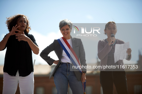 Sandrine Rousseau, French MP, stands between two women during the International Safe Abortion Day. For the International Safe Abortion Day,...