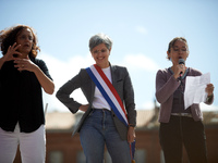 Sandrine Rousseau, French MP, stands between two women during the International Safe Abortion Day. For the International Safe Abortion Day,...