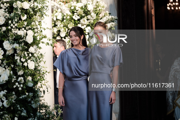 Olympia of Greece, bridesmaid, arrives for the wedding of Princess Theodora Glucksburg of Greece and Matthew Jeremiah Kumar at the Metropoli...