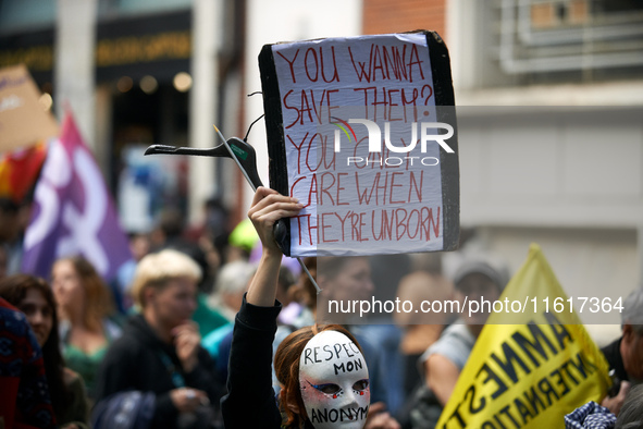 For International Safe Abortion Day, hundreds of women and men take to the streets in Toulouse, France, on September 28, 2024, to raise awar...