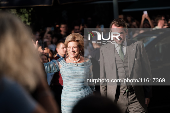 Anne Marie of Denmark and her son, Nicholas of Greece, attend the wedding of Princess Theodora Glucksburg of Greece and Matthew Jeremiah Kum...