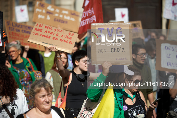 For International Safe Abortion Day, hundreds of women and men take to the streets in Toulouse, France, on September 28, 2024, to raise awar...