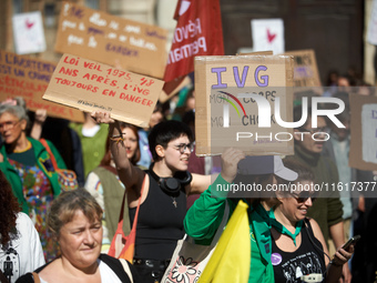 For International Safe Abortion Day, hundreds of women and men take to the streets in Toulouse, France, on September 28, 2024, to raise awar...