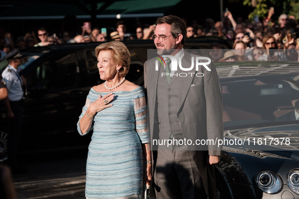 Anne Marie of Denmark and her son, Nicholas of Greece, attend the wedding of Princess Theodora Glucksburg of Greece and Matthew Jeremiah Kum...