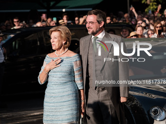 Anne Marie of Denmark and her son, Nicholas of Greece, attend the wedding of Princess Theodora Glucksburg of Greece and Matthew Jeremiah Kum...