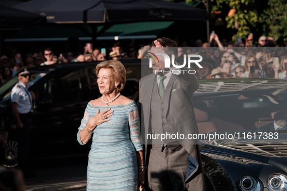 Anne Marie of Denmark and her son, Nicholas of Greece, attend the wedding of Princess Theodora Glucksburg of Greece and Matthew Jeremiah Kum...