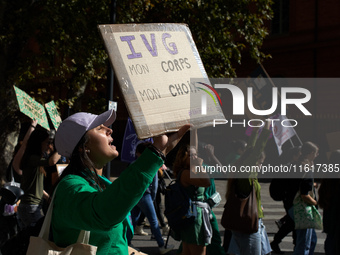 A woman shouts while holding a placard reading 'Abortion, my body, my choice'. For International Safe Abortion Day, hundreds of women and me...