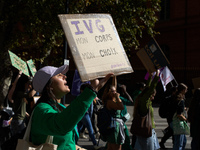 A woman shouts while holding a placard reading 'Abortion, my body, my choice'. For International Safe Abortion Day, hundreds of women and me...