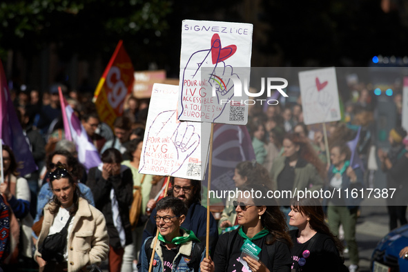 For International Safe Abortion Day, hundreds of women and men take to the streets in Toulouse, France, on September 28, 2024, to raise awar...