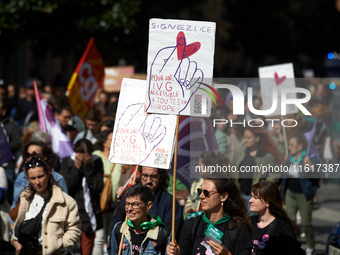 For International Safe Abortion Day, hundreds of women and men take to the streets in Toulouse, France, on September 28, 2024, to raise awar...