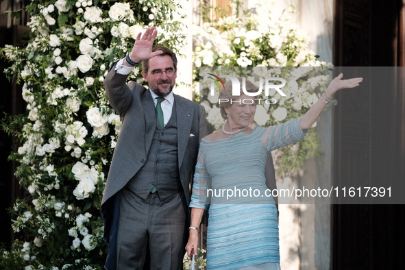 Anne Marie of Denmark and her son, Nicholas of Greece, attend the wedding of Princess Theodora Glucksburg of Greece and Matthew Jeremiah Kum...