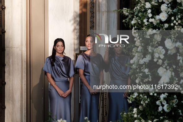 Olympia of Greece, bridesmaid, arrives for the wedding of Princess Theodora Glucksburg of Greece and Matthew Jeremiah Kumar at the Metropoli...