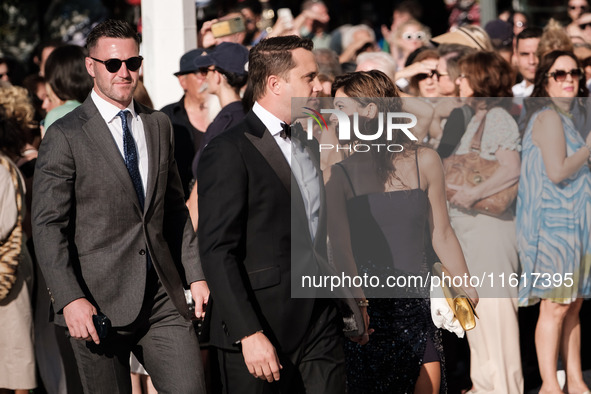 Guests arrive for the wedding of Princess Theodora Glucksburg of Greece and Matthew Jeremiah Kumar at the Metropolitan Cathedral of Athens,...