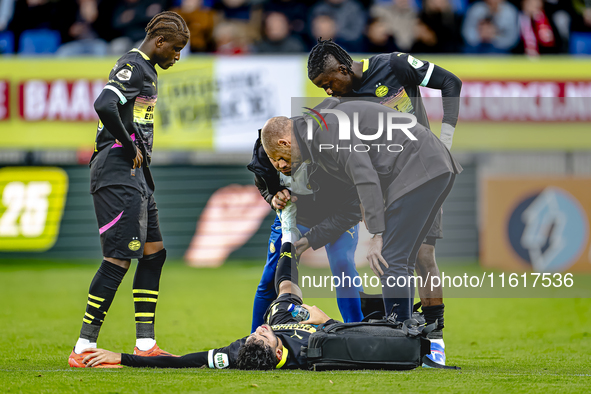 PSV Eindhoven forward Ricardo Pepi gets injured during the match between Willem II and PSV at the Koning Willem II stadium for the Dutch Ere...