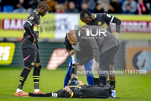 PSV Eindhoven forward Ricardo Pepi gets injured during the match between Willem II and PSV at the Koning Willem II stadium for the Dutch Ere...