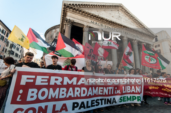 A demonstration takes place in front of the Pantheon to demand a stop to the Israeli army's bombing of Lebanon and in solidarity with Palest...