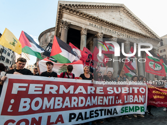 A demonstration takes place in front of the Pantheon to demand a stop to the Israeli army's bombing of Lebanon and in solidarity with Palest...