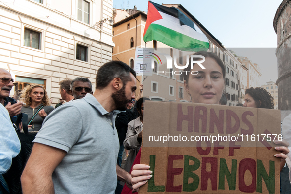 A demonstration takes place in front of the Pantheon to demand a stop to the Israeli army's bombing of Lebanon and in solidarity with Palest...