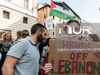 A demonstration takes place in front of the Pantheon to demand a stop to the Israeli army's bombing of Lebanon and in solidarity with Palest...