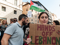 A demonstration takes place in front of the Pantheon to demand a stop to the Israeli army's bombing of Lebanon and in solidarity with Palest...