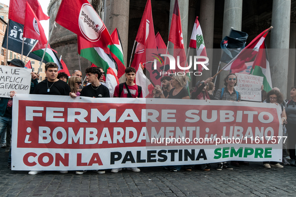 A demonstration takes place in front of the Pantheon to demand a stop to the Israeli army's bombing of Lebanon and in solidarity with Palest...