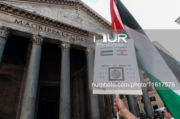 A demonstration takes place in front of the Pantheon to demand a stop to the Israeli army's bombing of Lebanon and in solidarity with Palest...