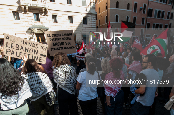 A demonstration takes place in front of the Pantheon to demand a stop to the Israeli army's bombing of Lebanon and in solidarity with Palest...