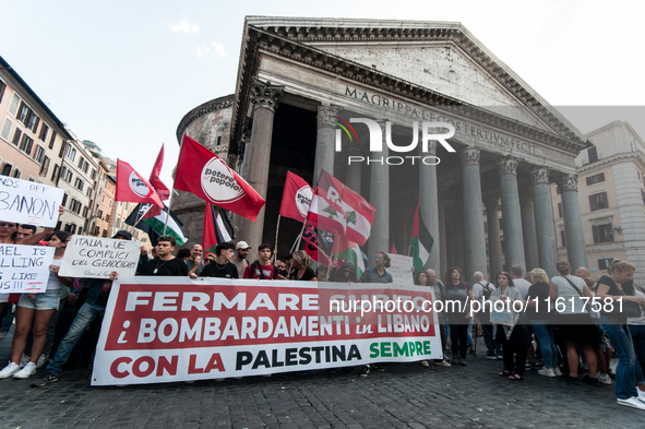 A demonstration takes place in front of the Pantheon to demand a stop to the Israeli army's bombing of Lebanon and in solidarity with Palest...