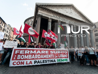 A demonstration takes place in front of the Pantheon to demand a stop to the Israeli army's bombing of Lebanon and in solidarity with Palest...