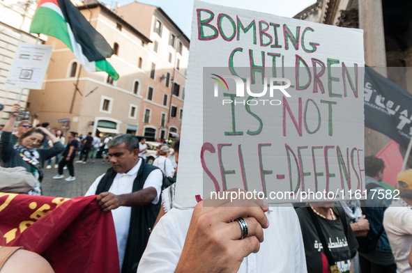 A demonstration takes place in front of the Pantheon to demand a stop to the Israeli army's bombing of Lebanon and in solidarity with Palest...