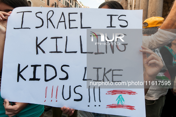 A demonstration takes place in front of the Pantheon to demand a stop to the Israeli army's bombing of Lebanon and in solidarity with Palest...