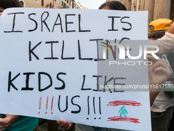 A demonstration takes place in front of the Pantheon to demand a stop to the Israeli army's bombing of Lebanon and in solidarity with Palest...