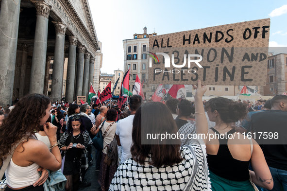 A demonstration takes place in front of the Pantheon to demand a stop to the Israeli army's bombing of Lebanon and in solidarity with Palest...