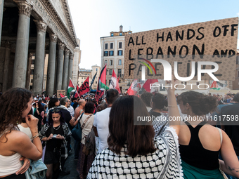 A demonstration takes place in front of the Pantheon to demand a stop to the Israeli army's bombing of Lebanon and in solidarity with Palest...