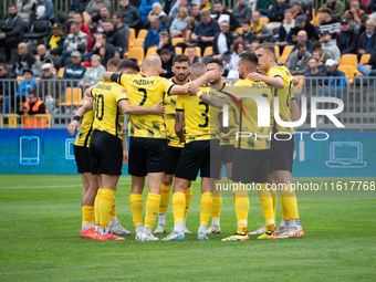 Wieczysta players during the game between Wieczysta Krakow and Skra Czestochowa in Krakow, Poland, on September 28, 2024. Betclic 2 Liga, Po...