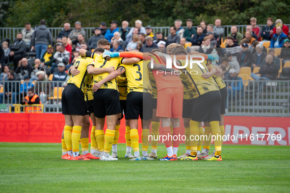 Wieczysta players during the game between Wieczysta Krakow and Skra Czestochowa in Krakow, Poland, on September 28, 2024. Betclic 2 Liga, Po...