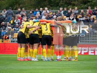 Wieczysta players during the game between Wieczysta Krakow and Skra Czestochowa in Krakow, Poland, on September 28, 2024. Betclic 2 Liga, Po...